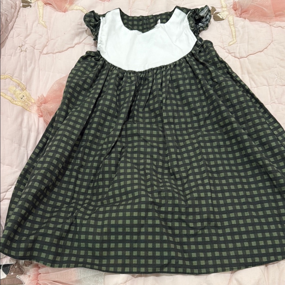 Charming Kids Checkered Dress in Green and White